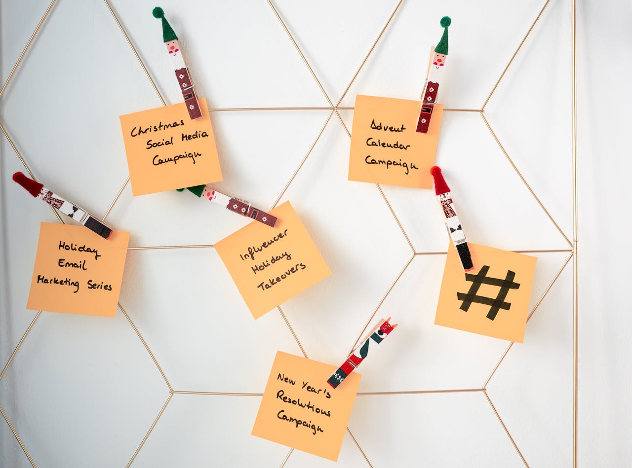 about-01 Sticky notes with holiday marketing ideas clipped to a wall grid.